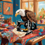 The DKC's Digital Creators Podcast an AI generated image of an illustrated Eagle using a sewing machine in a colorful room