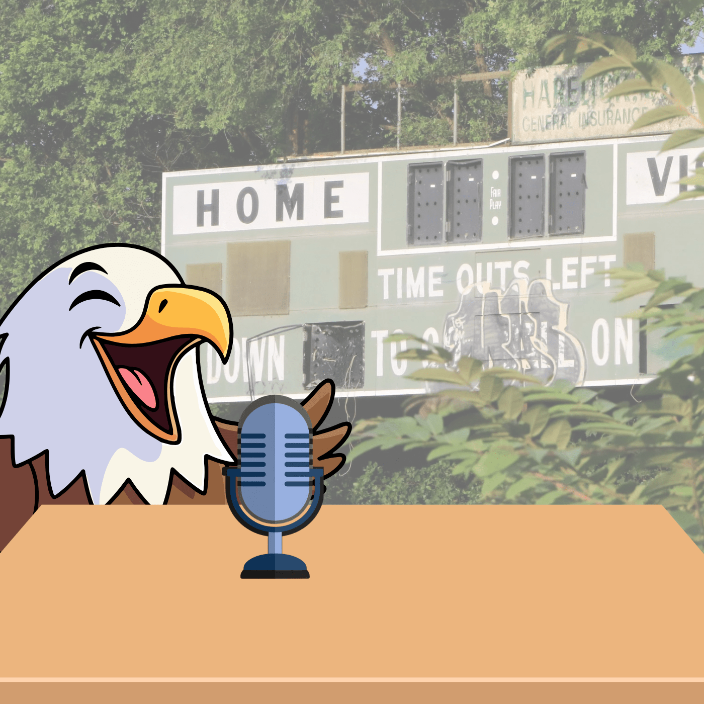 Eagle talking into microphone at a baseball stadium.