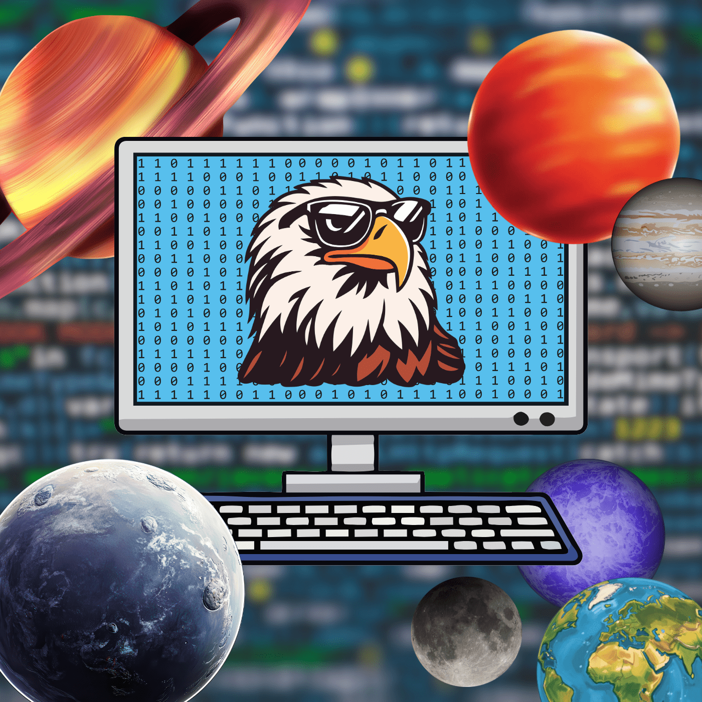 Computer showing code and an eagle head. Planets surround the computer.