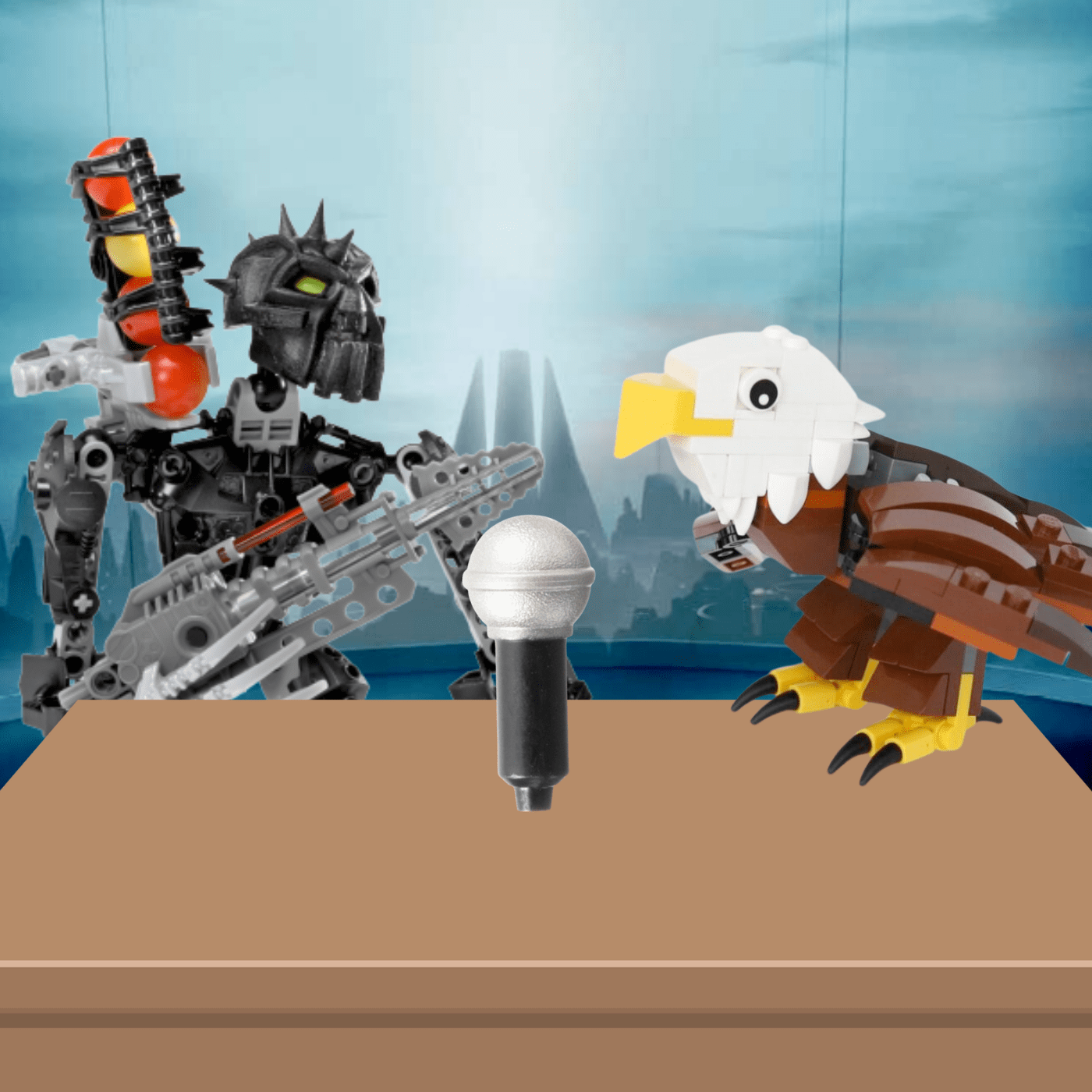 Lego eagle and bionicle speaking into microphone