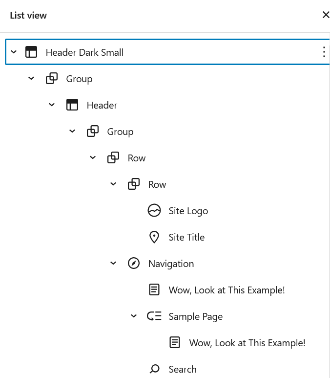 screenshot of the list view expanded in wordpress editor
