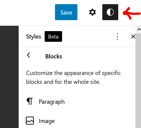 screenshot of the styles editor button in wordpress site editor