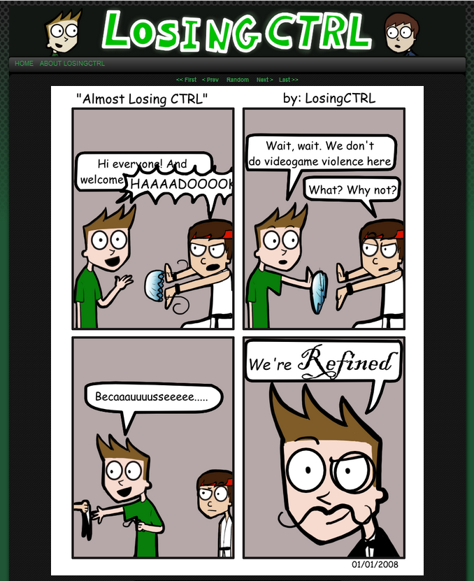 a comic featuring two characters where one character insists they don't do video game violence because as one character puts it, "we're refined"