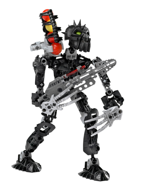 Stock photo of Toa Nuparu in a strange pose. His legs are bent in a way that makes it appear like he is walking. He is lifting his earth drill across his chest with his right hand. His left arm is slightly bent, with his left hand hovering in the air