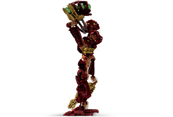 Stylized 3D render of Toa Jaller in a specific pose. He is facing to the left of the camera, with his left arm and Zamor launcher raised towards his head. His right arm is lowered, with his flame sword mostly hidden by his legs. He is looking to his left and down at the camera