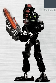 Stylized 3D render of Toa Nuparu. He is facing to the left of the camera. His legs are slightly bent and spread apart. He is pointing his earth drill upwards and holding it with both hands. He is looking into the camera directly