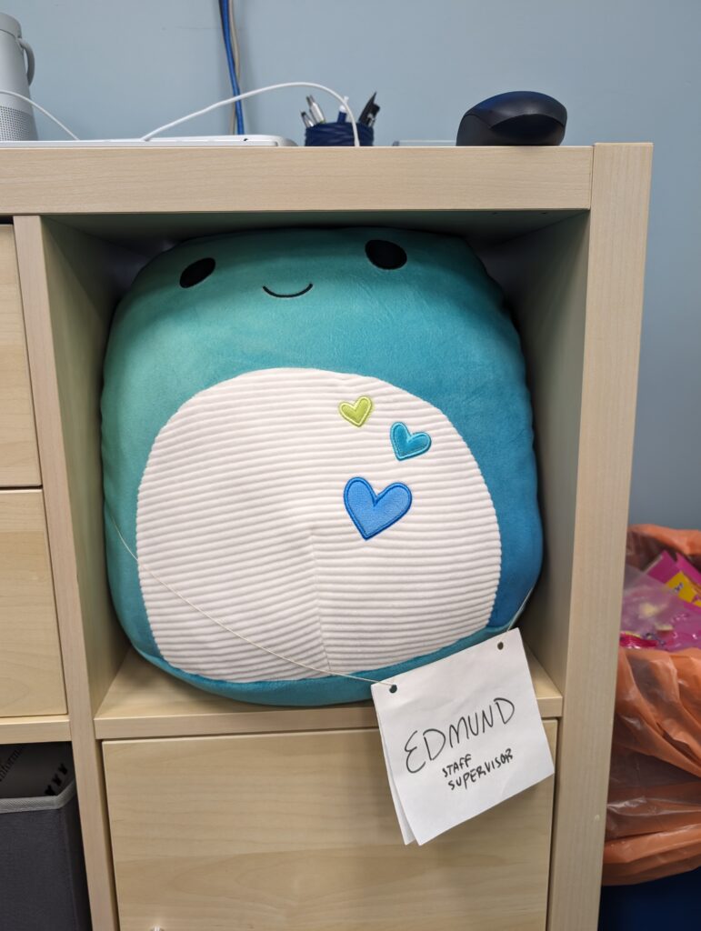 A blue, round dino plushie with a name tag proclaiming him "Edmund staff supervisor"