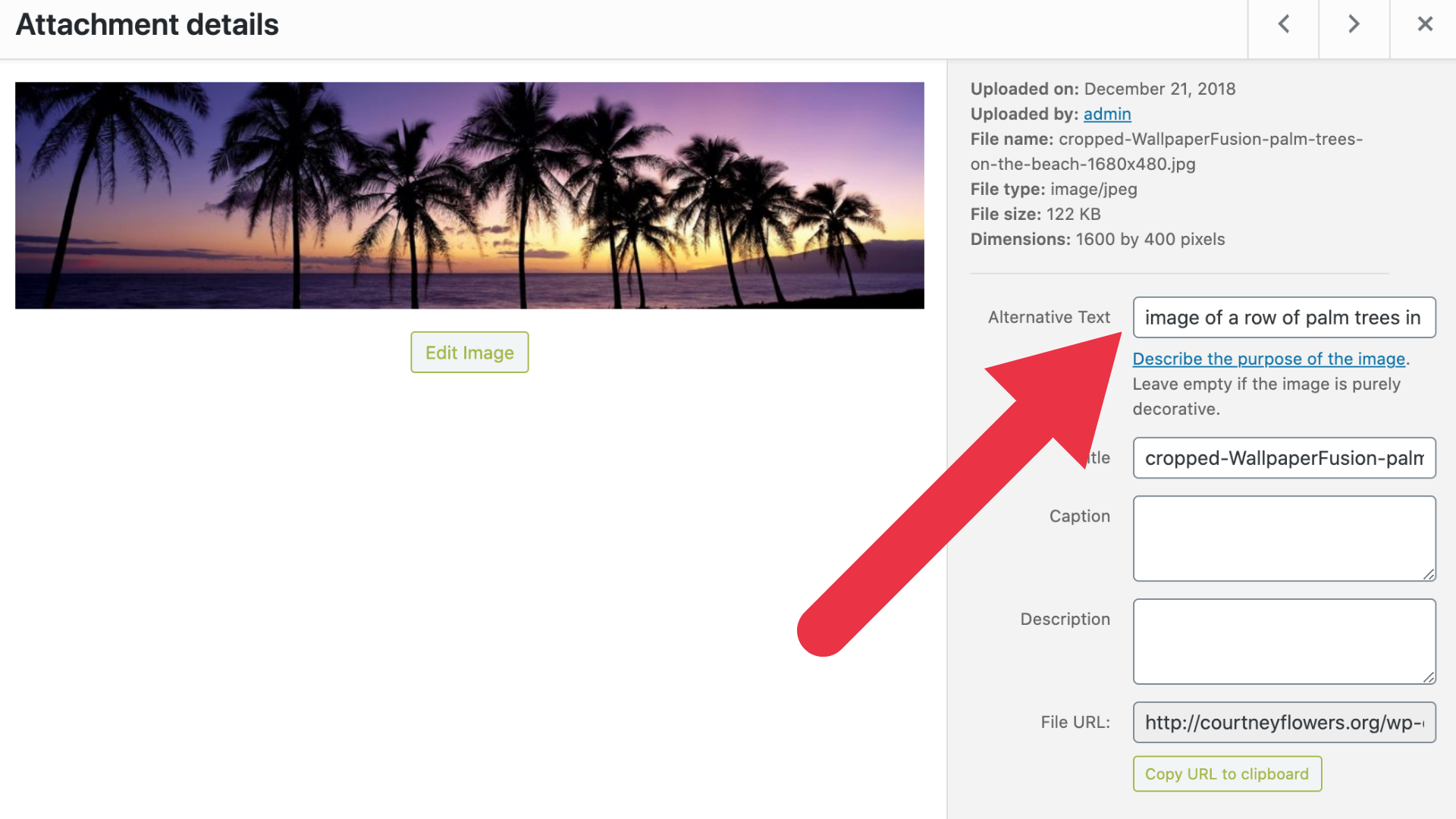 the WordPress attachment details window with a big red arrow pointing to the alt text box.