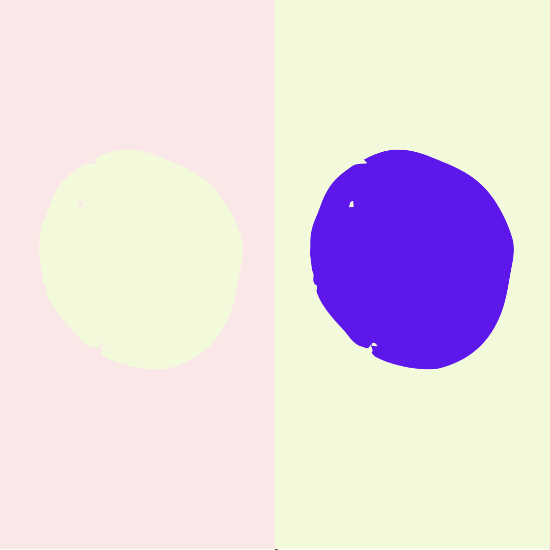 On the left lies a pastel yellow circle on a pastel pink background and on the right is a dark purple circle on a pastel yellow background.