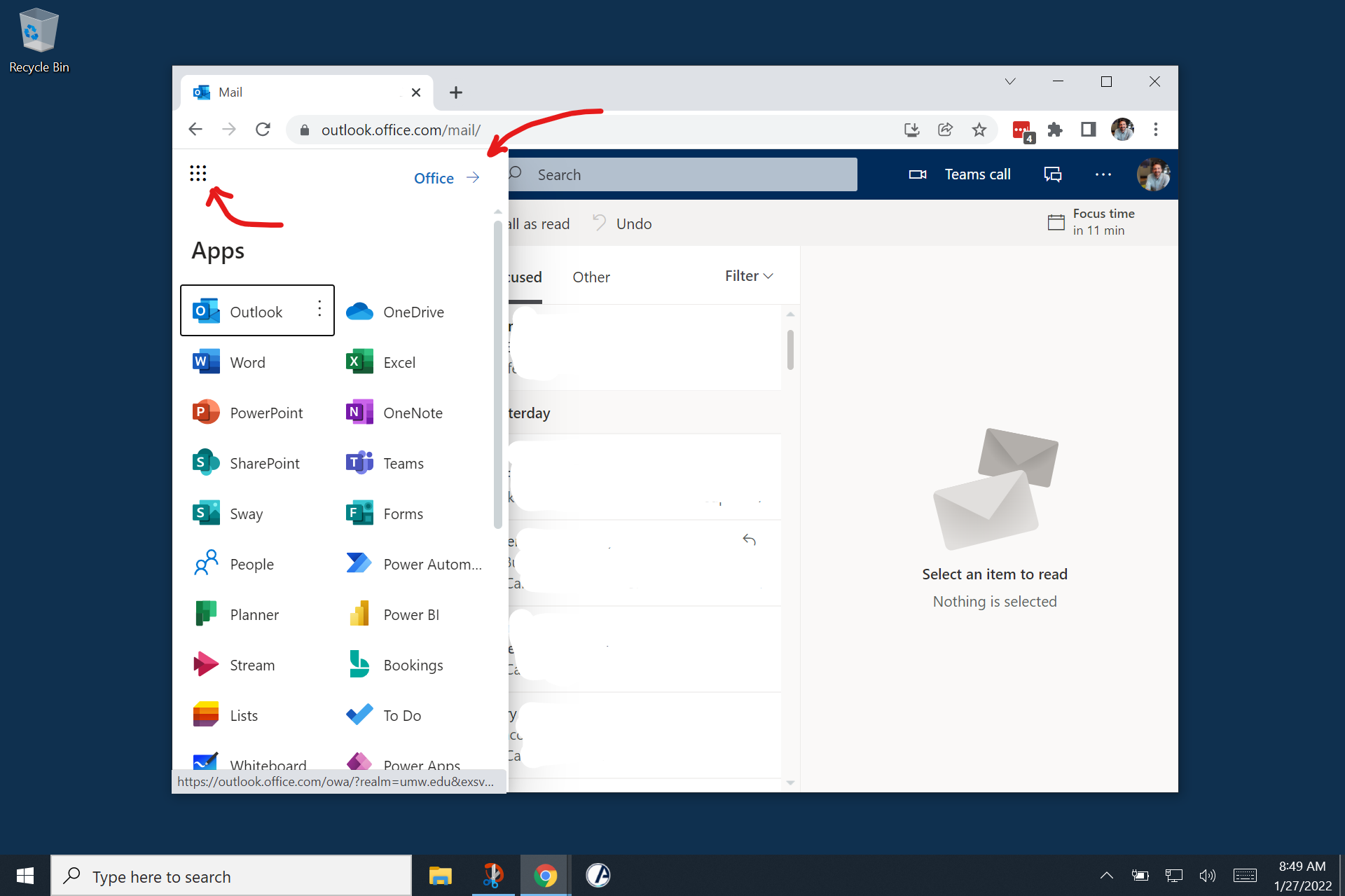 screenshot of a UMW email account with arrows pointing to the waffle icon where Microsoft product can be accessed