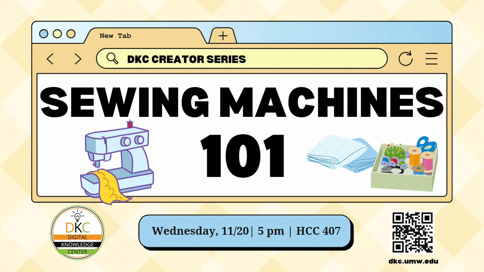 Sewing machines 101, dkc workshop 11/20/2024. More info at dkc.umw.edu/events