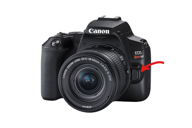 front of Canon camera with lens release button highlighted