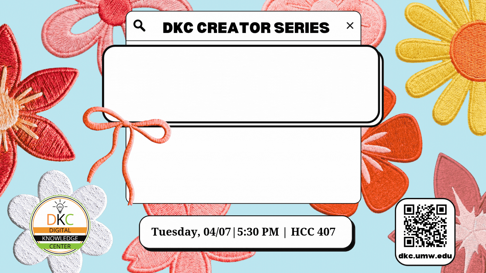 Workshop Titled "Stitch Into Spring | Design and Embroider you Own Pattern" Tuesday April 7th at 5:30 in HCC 407. Snacks provided.